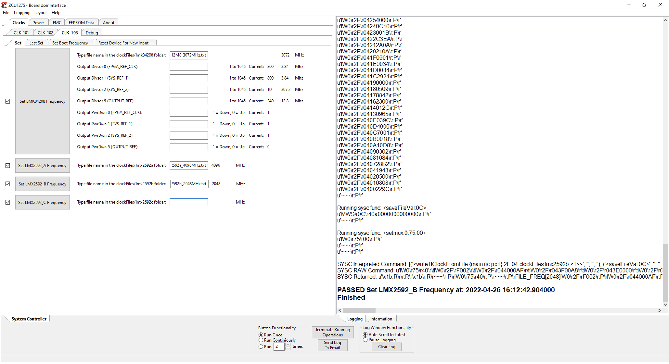 Figure 16: CLK-103 Set LMK***** Frequencies Log Report